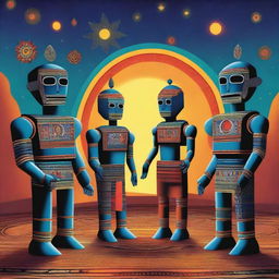 A vibrant scene depicting both robots and humans engaged in a spiritual ceremony inspired by African traditions