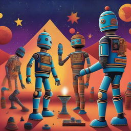 A vibrant scene depicting both robots and humans engaged in a spiritual ceremony inspired by African traditions