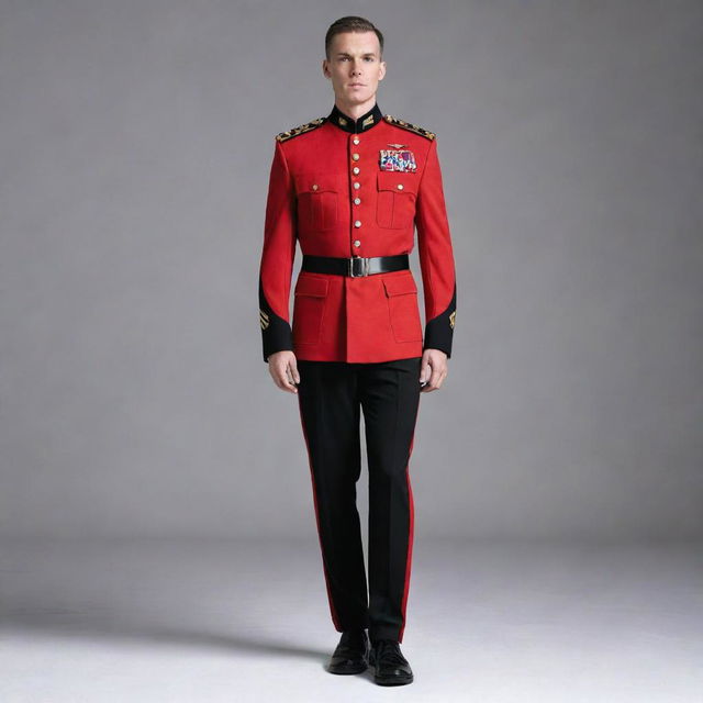 A military uniform featuring a bold design in red and black, tactically stylish yet maintaining an authoritative air