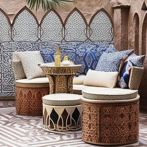 Outdoor seating arrangement conceptualized from the elegance of Arabic design and lines, incorporating luxurious cushions, robust geometric motifs, and elaborate patterns in rich hues.