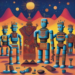 A vibrant scene depicting both robots and humans engaged in a spiritual ceremony inspired by African traditions