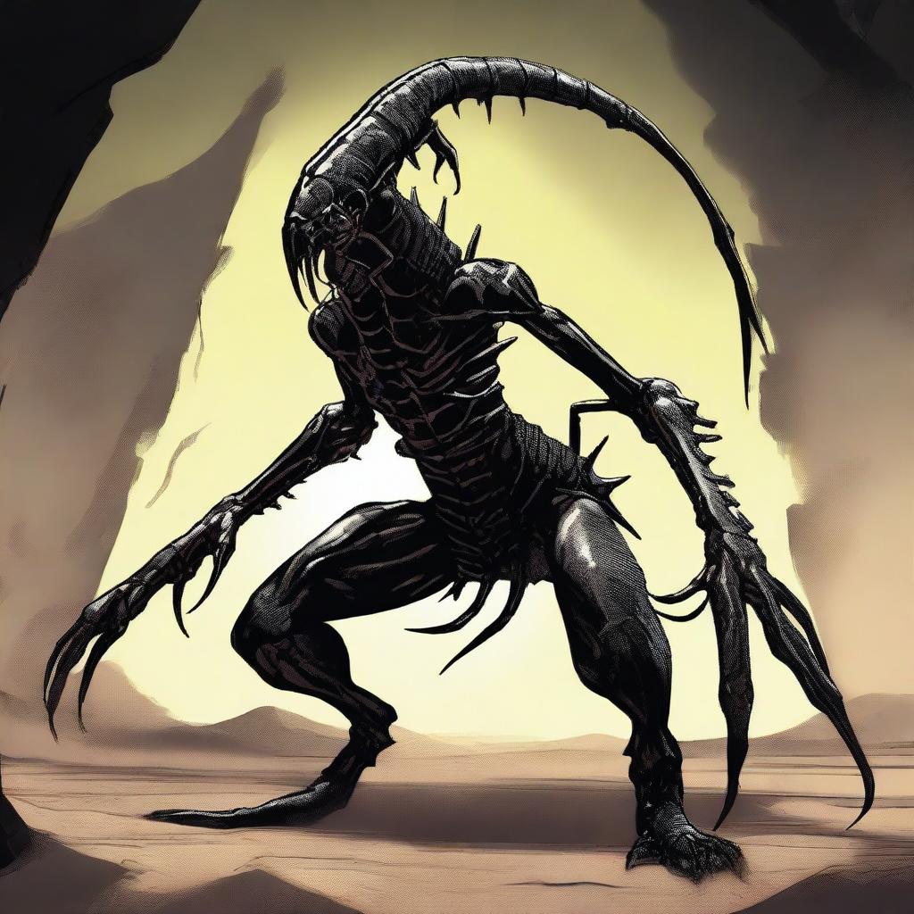 A half-human, half-scorpion creature with six legs and a female upper body