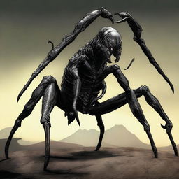 A half-human, half-scorpion creature with six legs and a female upper body