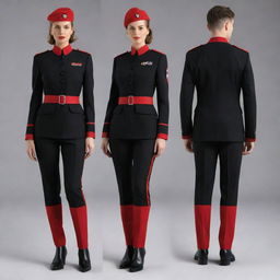 A military uniform featuring a bold design in red and black, tactically stylish yet maintaining an authoritative air