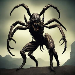 A terrifying half-human, half-scorpion monster with six legs