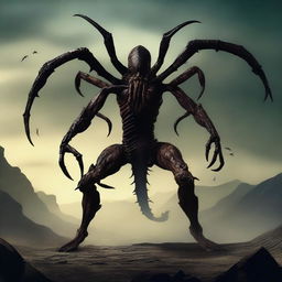 A terrifying half-human, half-scorpion monster with six legs