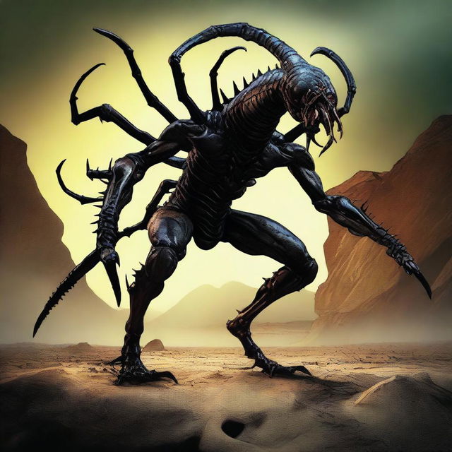 A half-human, half-scorpion monster with six legs on the ground and a menacing stinger