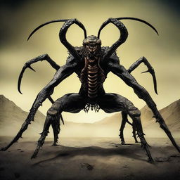 A half-human, half-scorpion monster with six legs on the ground and a menacing stinger