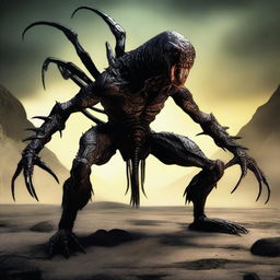 A half-human, half-scorpion monster with six legs on the ground and a menacing stinger