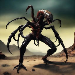 A half-human, half-scorpion monster with six legs on the ground and a menacing stinger