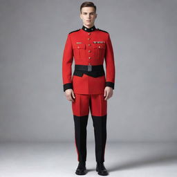 A military uniform featuring a bold design in red and black, tactically stylish yet maintaining an authoritative air