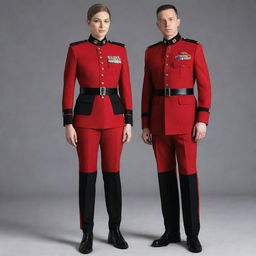 A military uniform featuring a bold design in red and black, tactically stylish yet maintaining an authoritative air