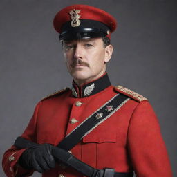 A suave man donned in a red military uniform with black accents, complete with realistically detailed weapons