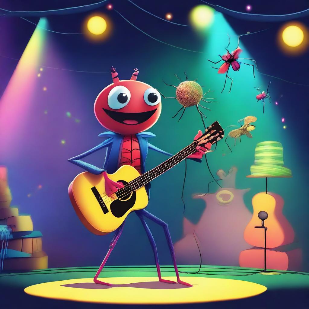 A whimsical and imaginative scene featuring a spider with a singer