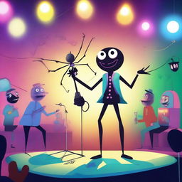 A whimsical and imaginative scene featuring a spider with a singer