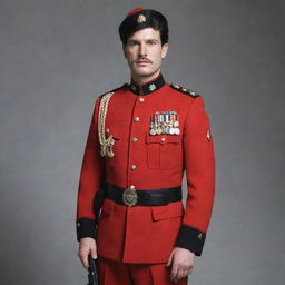 A suave man donned in a red military uniform with black accents, complete with realistically detailed weapons