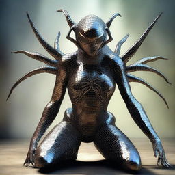 A fantastical and striking hybrid creature featuring a spider with a stinger and the upper body of a woman in chainmail