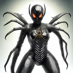 A fantastical and striking hybrid creature featuring a spider with a stinger and the upper body of a woman in chainmail