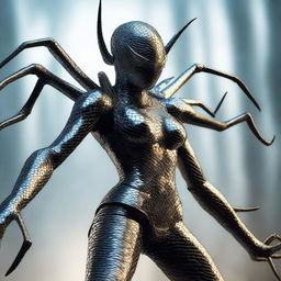 A fantastical and striking hybrid creature featuring a spider with a stinger and the upper body of a woman in chainmail