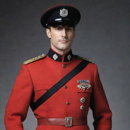 A suave man donned in a red military uniform with black accents, complete with realistically detailed weapons