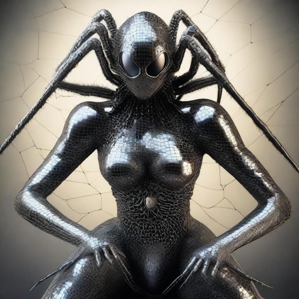 A surreal and imaginative creature featuring a spider with the upper body of a woman in chainmail instead of its head