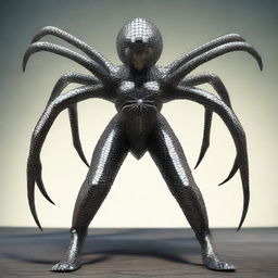 A surreal and imaginative creature featuring a spider with the upper body of a woman in chainmail instead of its head