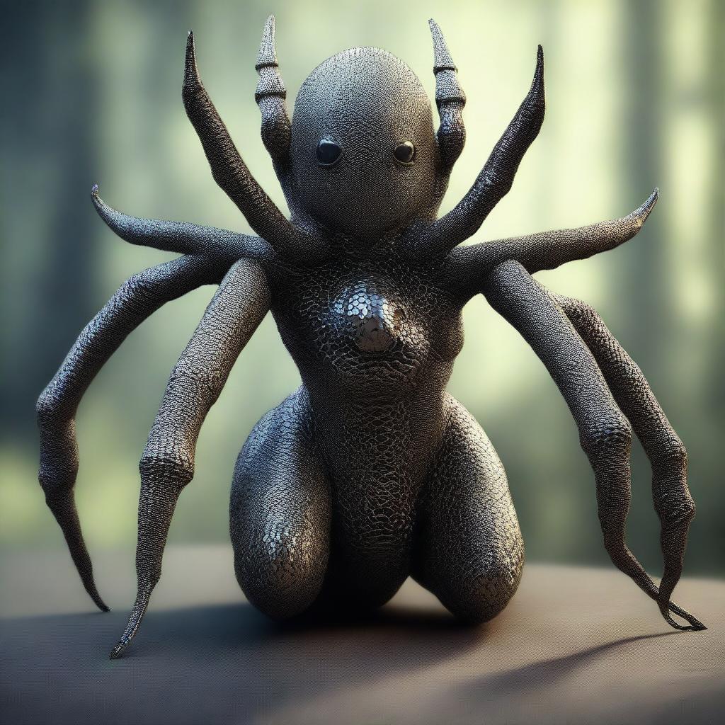 A surreal and imaginative creature featuring a spider with the upper body of a woman in chainmail instead of its head