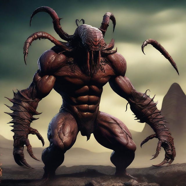 A monstrous creature with the body of a scorpion and the torso of a human