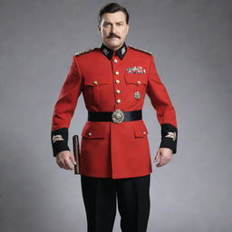 A suave man donned in a red military uniform with black accents, complete with realistically detailed weapons