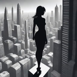 A giantess towering over a cityscape, her enormous figure casting a shadow over the buildings