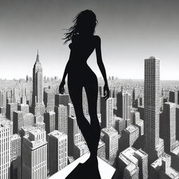 A giantess towering over a cityscape, her enormous figure casting a shadow over the buildings