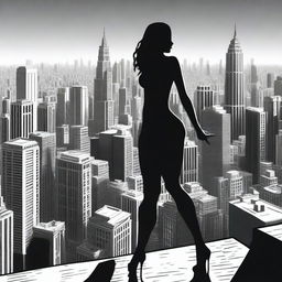 A giantess towering over a cityscape, her enormous figure casting a shadow over the buildings