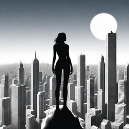 A giantess towering over a cityscape, her enormous figure casting a shadow over the buildings