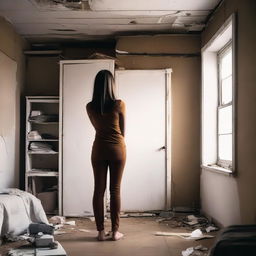 A woman with brown hair outgrowing her room, her head almost touching the ceiling