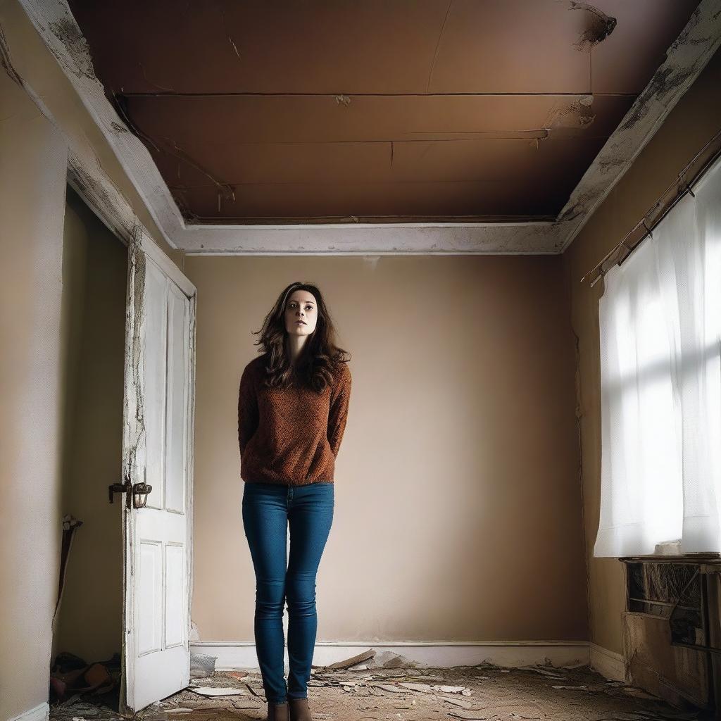 A woman with brown hair outgrowing her room, her head almost touching the ceiling