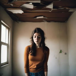 A woman with brown hair outgrowing her room, her head almost touching the ceiling