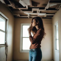 A woman with brown hair outgrowing her room, her head almost touching the ceiling