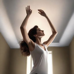 A realistic depiction of a tall, attractive woman with brown hair, reaching up to the ceiling