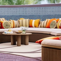 Outdoor seating arrangement conceptualized from the elegance of Arabic design and lines, incorporating luxurious cushions, robust geometric motifs, and elaborate patterns in rich hues.