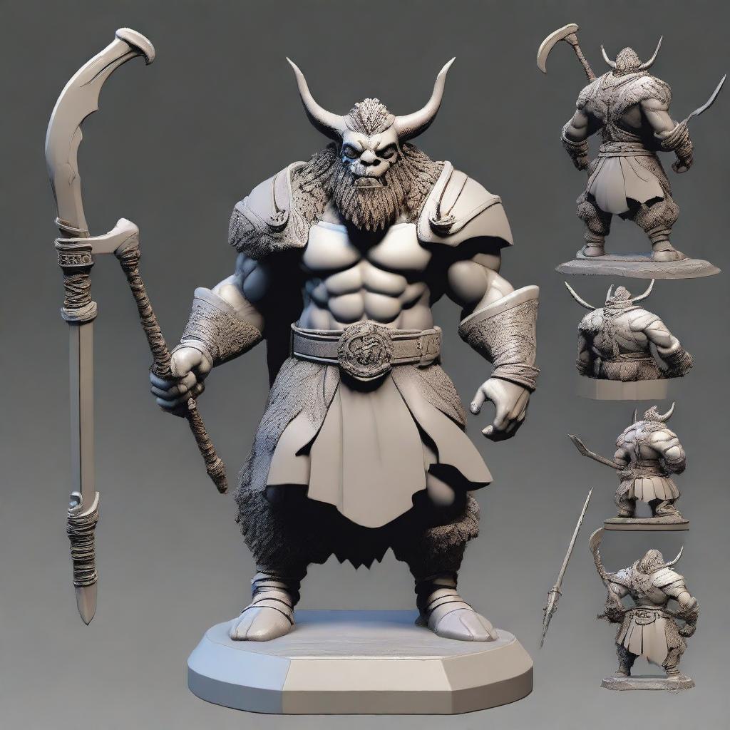 Create a detailed statue depicting a bugbear Barbarian equipped with a Glaive and a shield