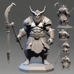 Create a detailed statue depicting a bugbear Barbarian equipped with a Glaive and a shield