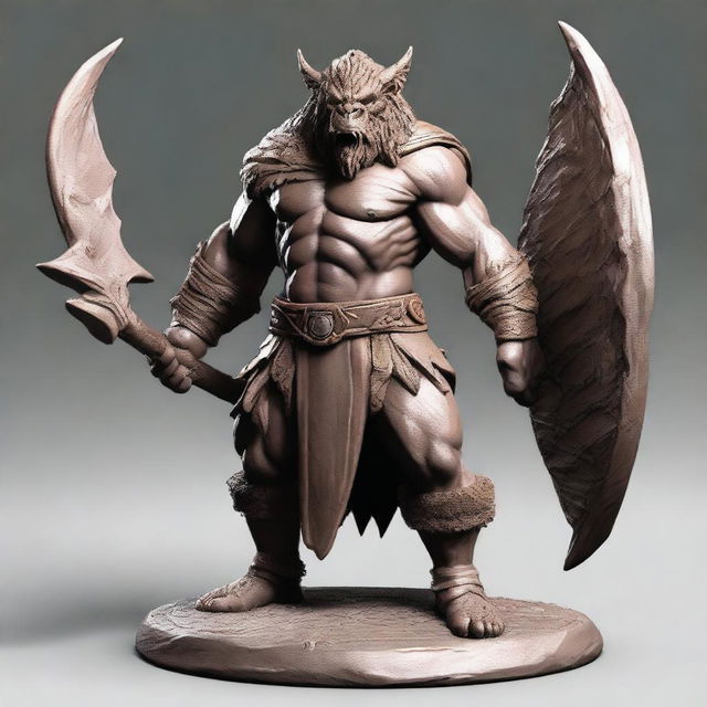 Create a detailed statue depicting a bugbear Barbarian equipped with a Glaive and a shield