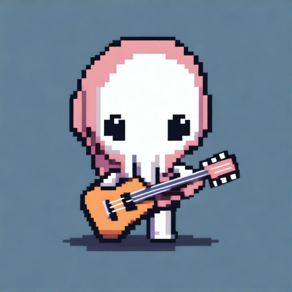 An adorable squid in pixel art holding a small guitar