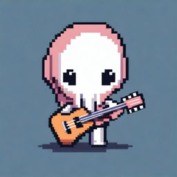 An adorable squid in pixel art holding a small guitar