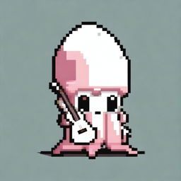 An adorable squid in pixel art holding a small guitar