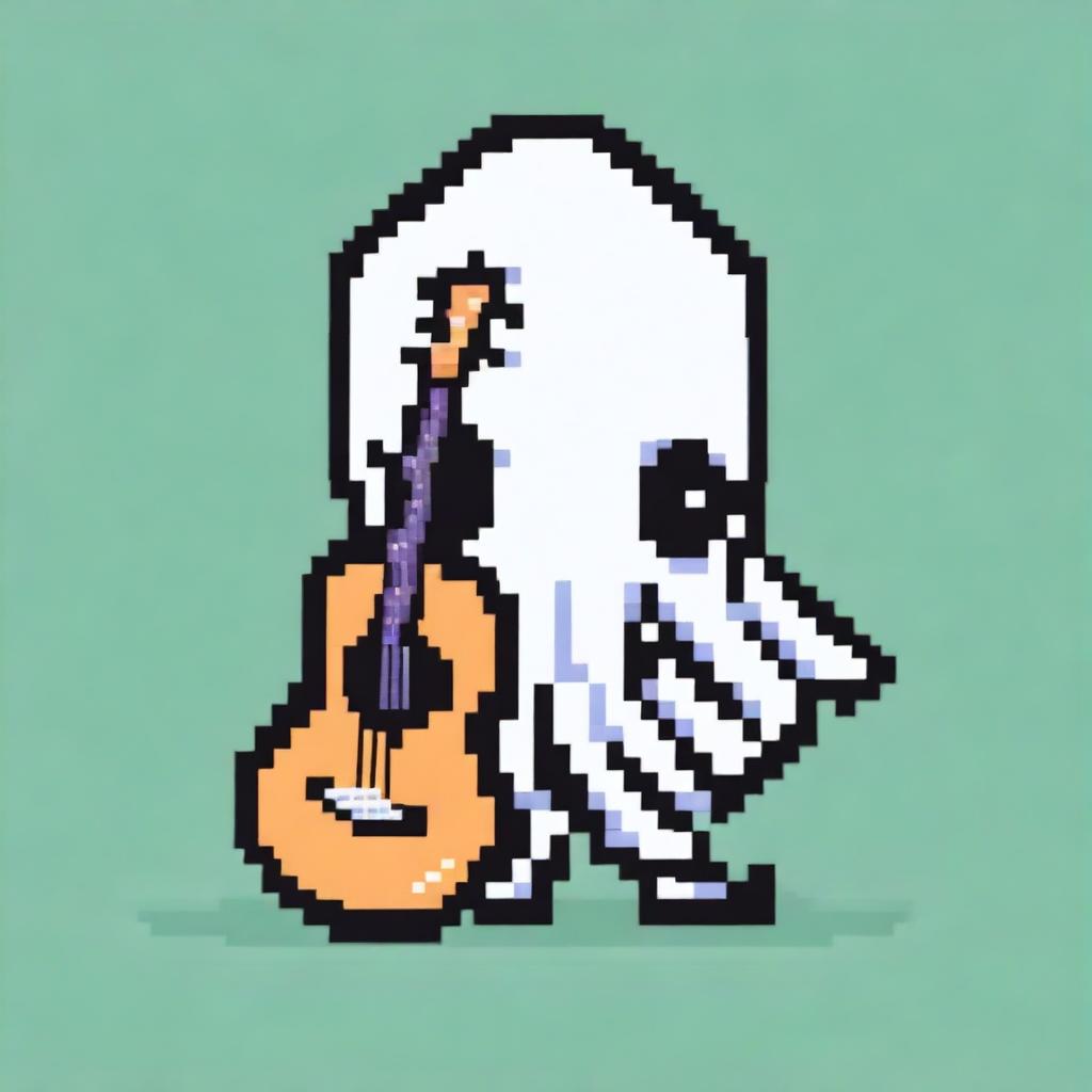 An adorable squid in pixel art holding a small guitar