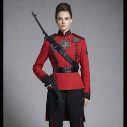 A striking red uniform with black accents, featuring intricate detailing of included weapons