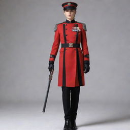 A striking red uniform with black accents, featuring intricate detailing of included weapons