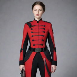 A striking red uniform with black accents, featuring intricate detailing of included weapons