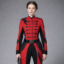 A striking red uniform with black accents, featuring intricate detailing of included weapons